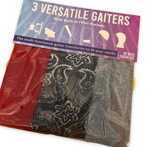 3 Pack Versatile Gaiters Face Scarf w/ Built In Filter Pockets Wind Protection
